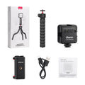 Silver aluminium tripod stand extended for camera or smartphone vlogging.