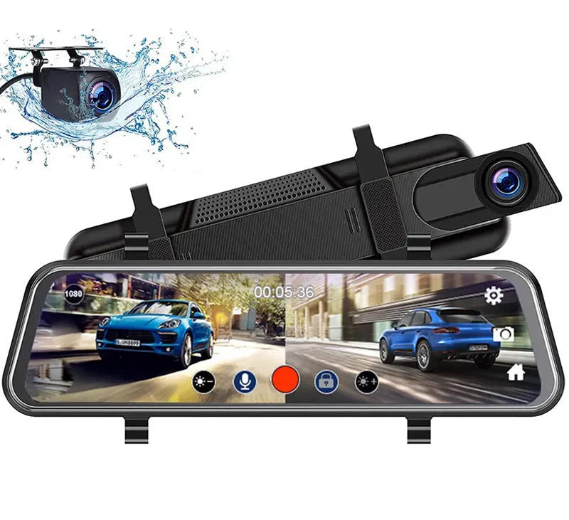 10-inch full screen car dash camera with front and rear lenses on a touch screen display.
