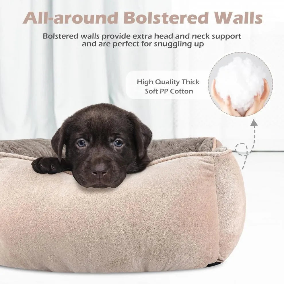 Beige faux fur dog bed with raised stuffed sides and a removable cover, shown in a large size.