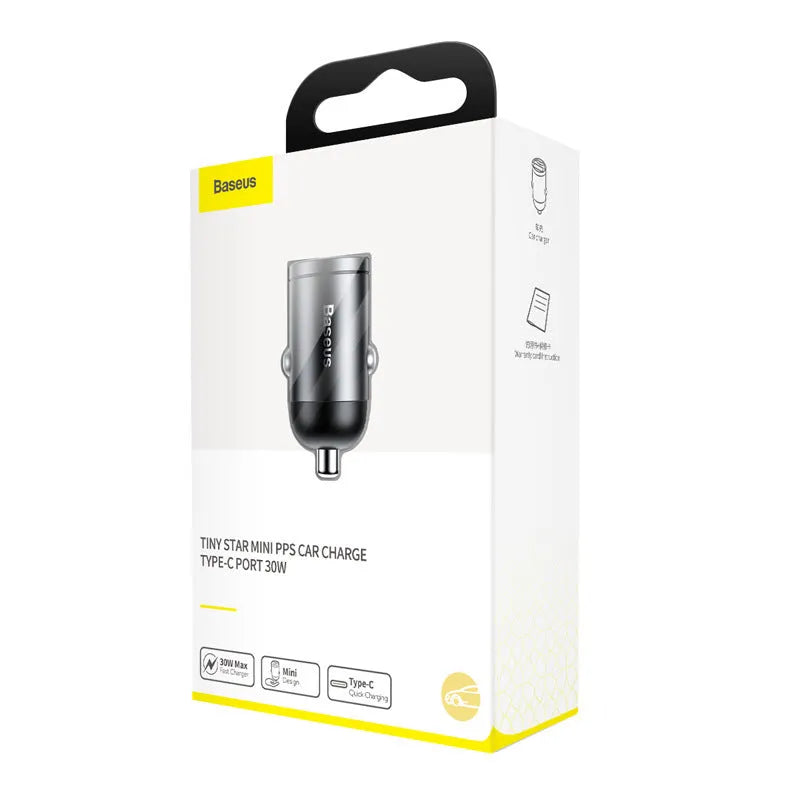 Grey Baseus 30W PPS fast car charger with single USB port and attached cable.