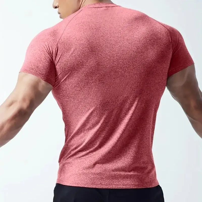 Men's tight stretch casual short sleeve t-shirt in black, gray, green, or pink colours with round neck design