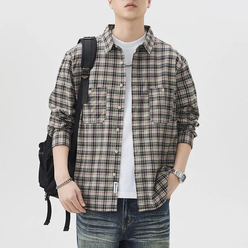 Mens blue grid plaid cotton long sleeve shirt loose fit cardigan coat