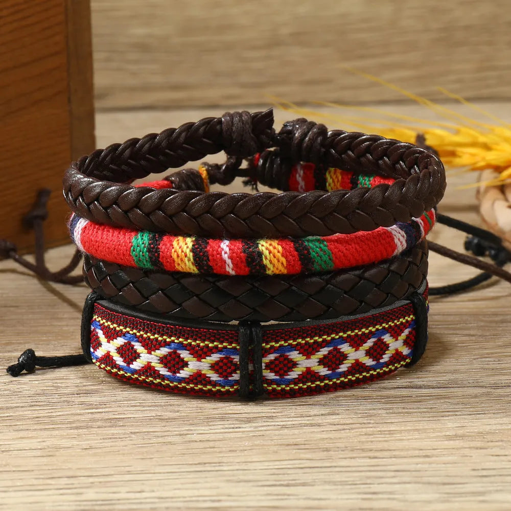 Bohemian ethnic style colourful leather bracelet set with geometric patterns on a neutral background