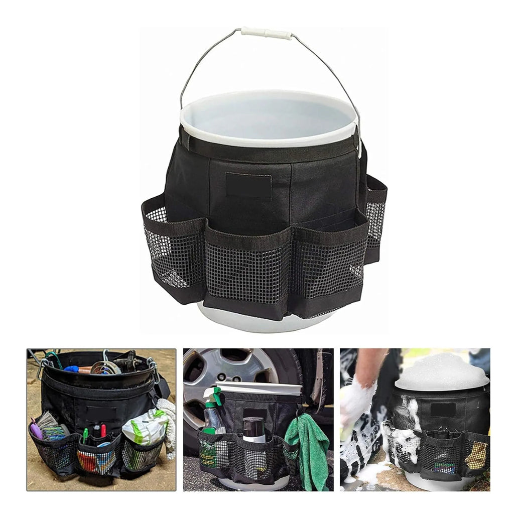 Black cylindrical polyester storage bag hanging on a 5 gallon bucket.