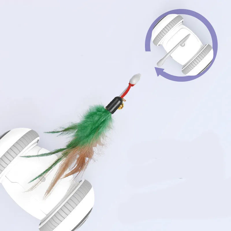 Interactive cat toy with interchangeable heads automatic robotic toy with feather accessory in white and grey ABS plastic