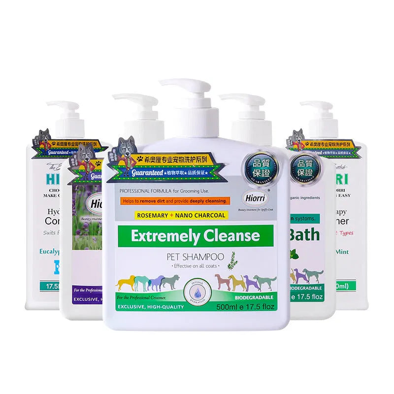 500ml bottles of pet shampoo and conditioner set including dog shampoo, cat lavender wash, and spa conditioners