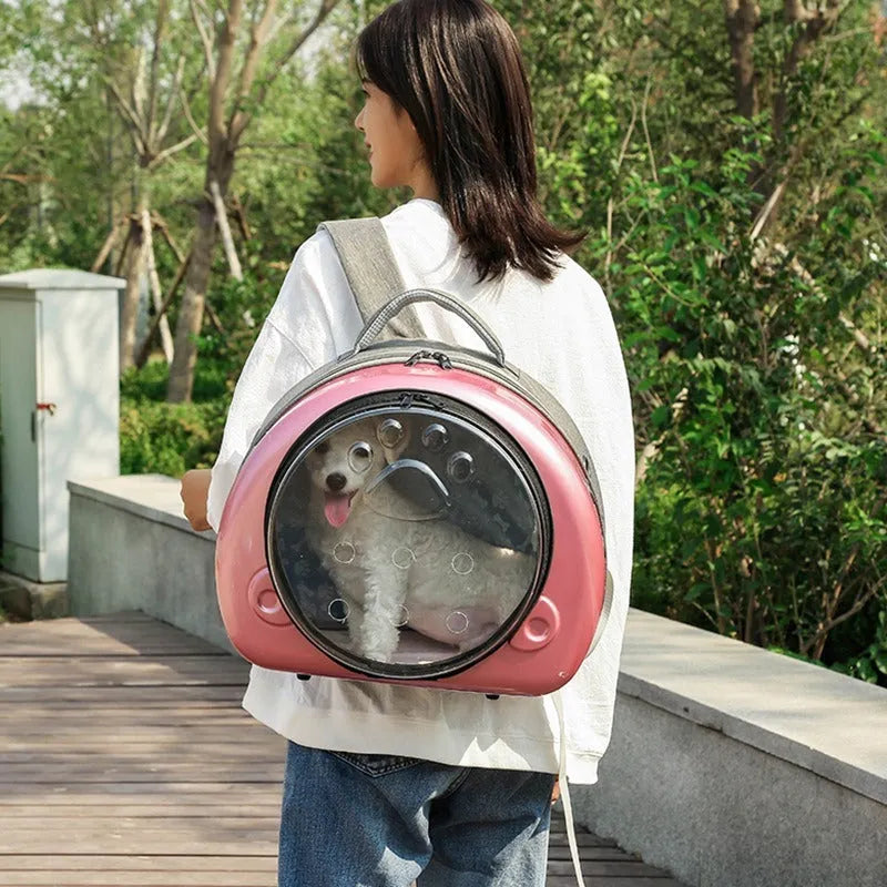 Transparent space capsule cat carrier bag with breathable design and front shell cover in choice of colours