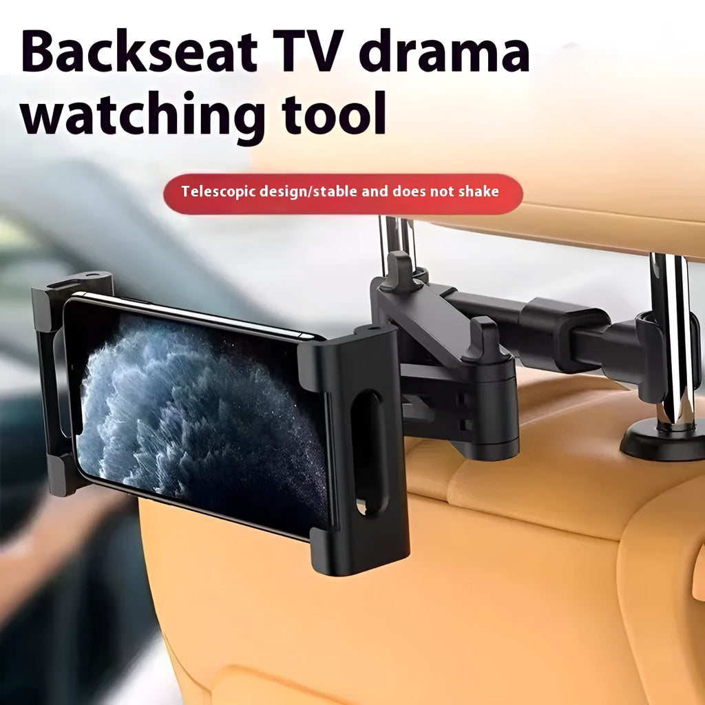 Car back seat mobile phone tablet stand in 2nd Generation Black, showing horizontal orientation with a phone inserted