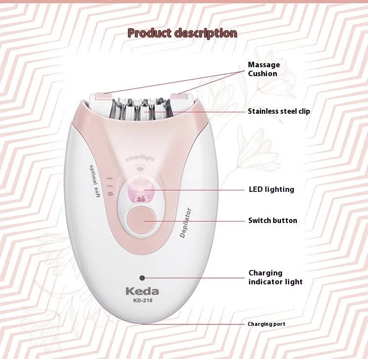 KEDA-216 coloured portable electric epilator with USB charger and cleaning brush on white background