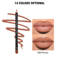 Matte lip liner pencil in a wooden tone from a range of 14 shades for 24-hour waterproof wear.