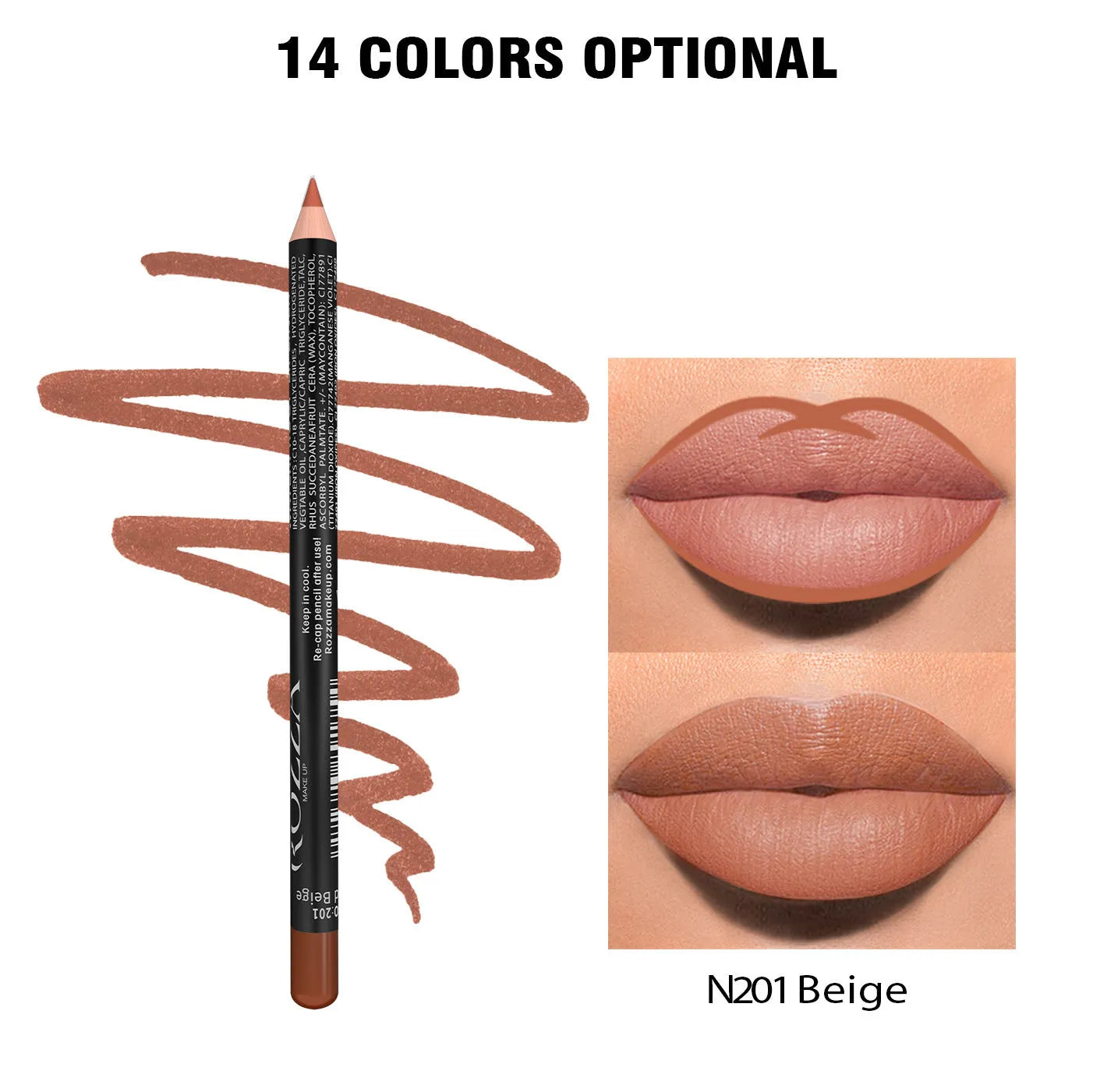 Matte lip liner pencil in a wooden tone from a range of 14 shades for 24-hour waterproof wear.