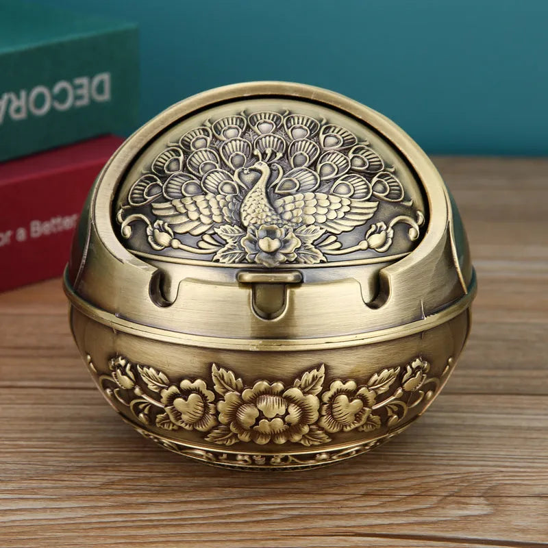 XL decorative alloy ashtray with smoke slot in bronze finish showing dragon and phoenix design