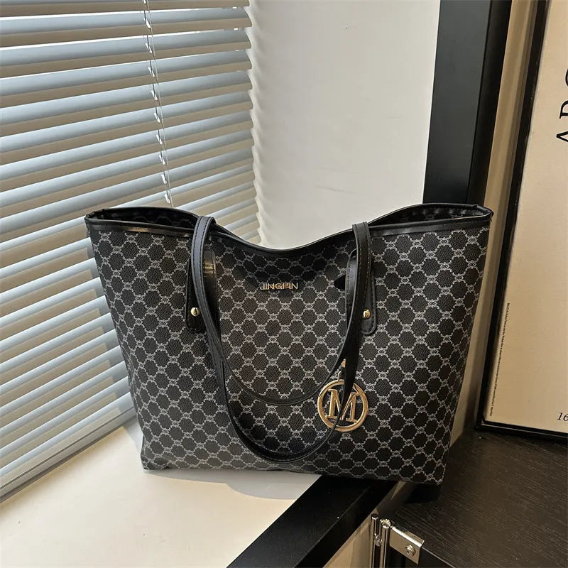 Black PU leather shoulder bag with sewing thread details, shown with grey, brown, and white colour options.