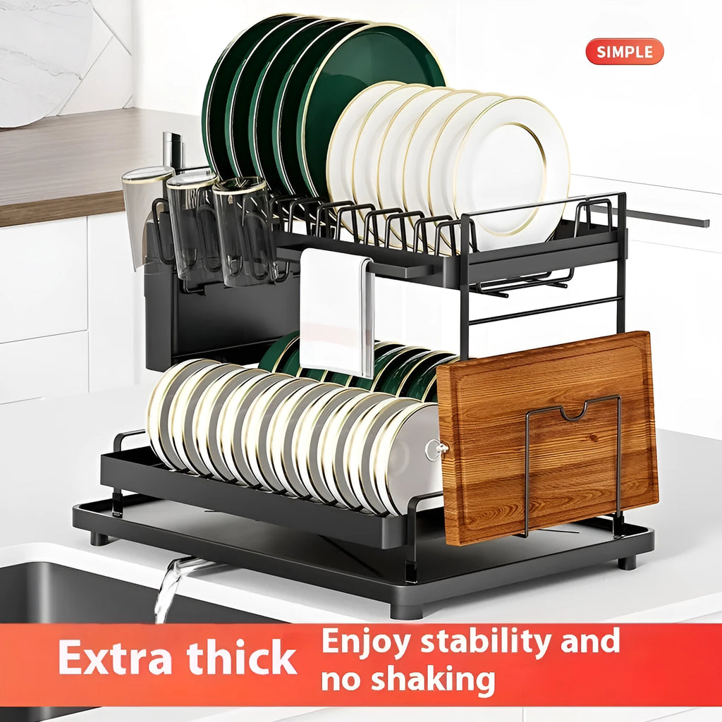 Modern white and black double-tier kitchen storage rack for draining utensils.