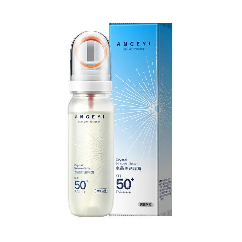 SPF50 crystal sunscreen spray bottle with 90ml content for full body UV protection