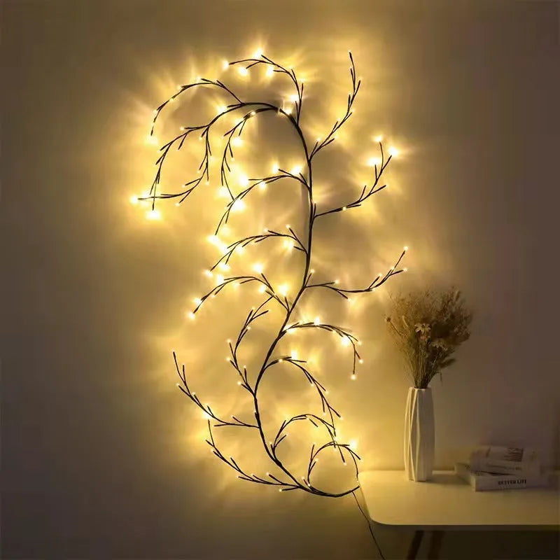 Flexible LED willow vine light garland with birch bark texture bent into a decorative shape
