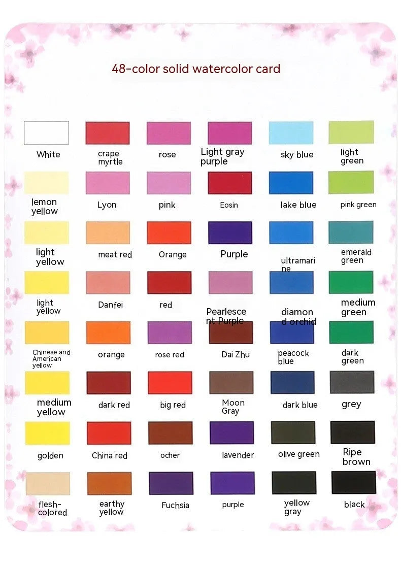 Box containing 48 solid watercolour paint cakes in various colours including black, pink, and blue.