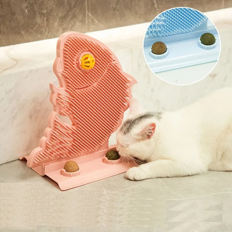 Blue, grey, or pink plastic fish-shaped cat wall scratcher toy set with catnip balls and a bell.