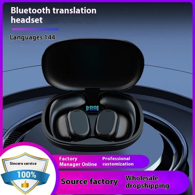 Two ear wireless Bluetooth translation earphones with noise reduction, black and white colour options