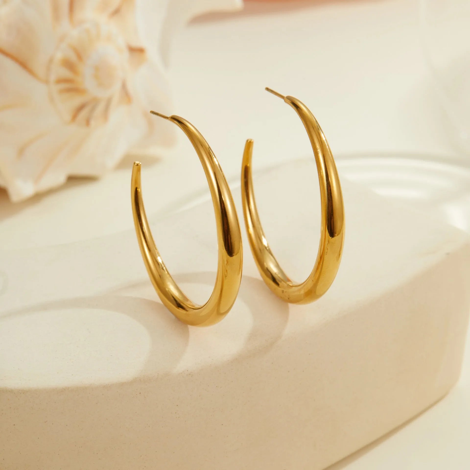 Geometric titanium steel hoop earrings for women in gold and steel finishes with round design elements