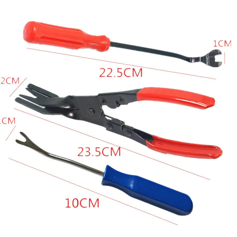Red-handled steel automotive pliers for General Motors door panel clip removal.