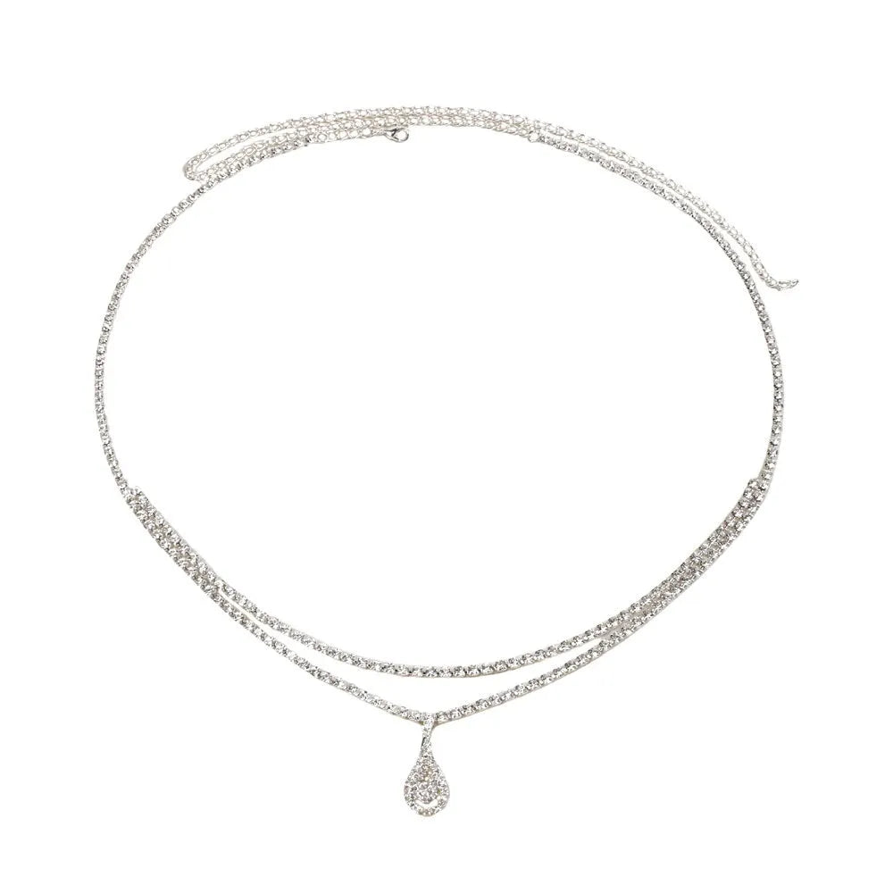 Gold water drop pendant waist chain with tassel on a 115cm adjustable chain.