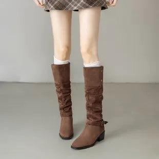 Chunky heel wrinkled stacked ankle Martin boots in khaki, showing hollow out detail and square toe on synthetic leather upper