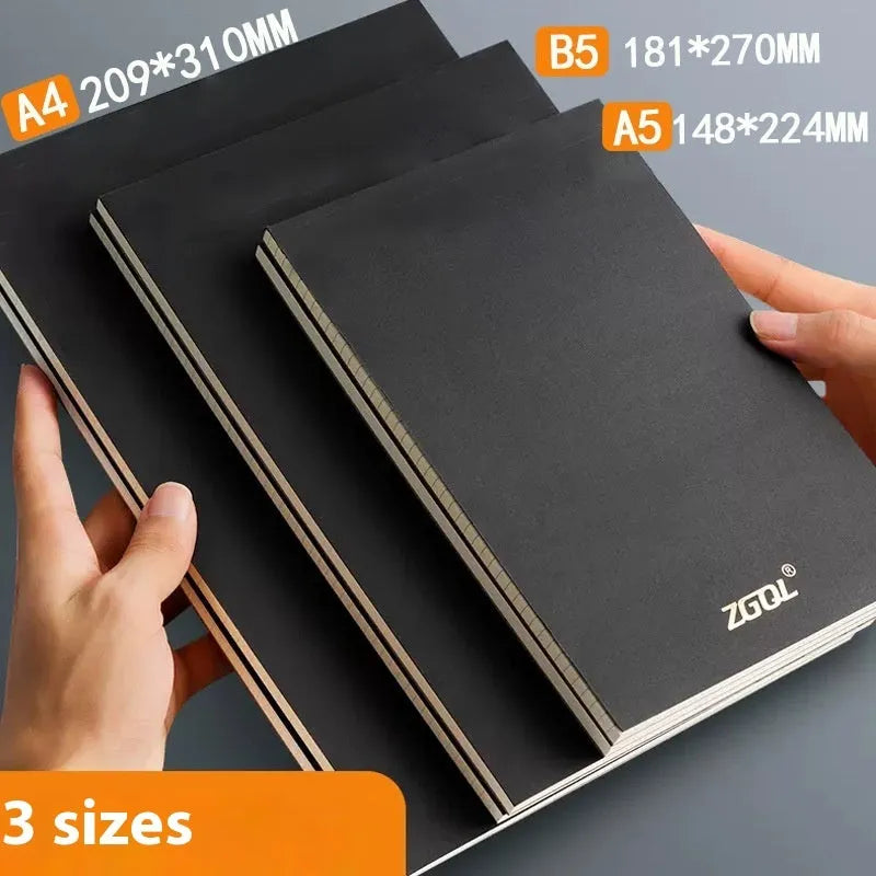 Set of A5, B5 and A4 writing pads showing blank, grid and horizontal line page styles.
