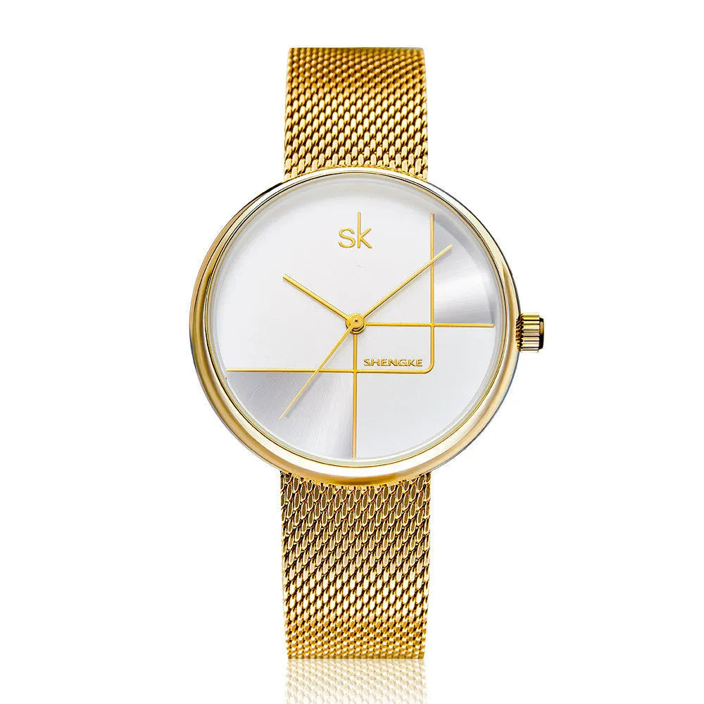 Women's simple geometric quartz watch with stainless steel mesh strap, 34mm dial, silver finish