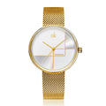 Women's simple geometric quartz watch with stainless steel mesh strap, 34mm dial, silver finish