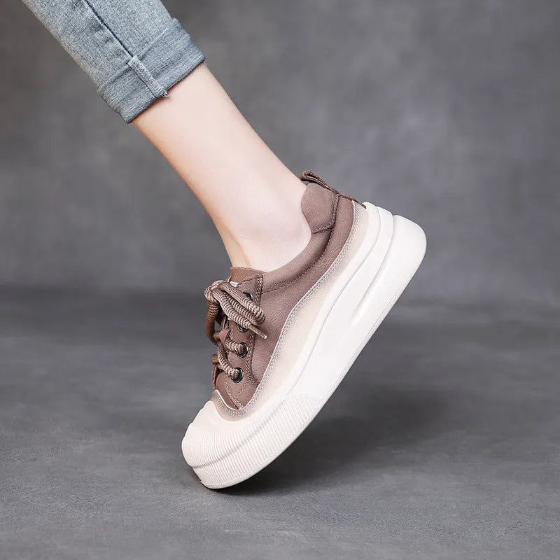 Women's yellow leather lace-up casual shoes with round toe and rubber soles