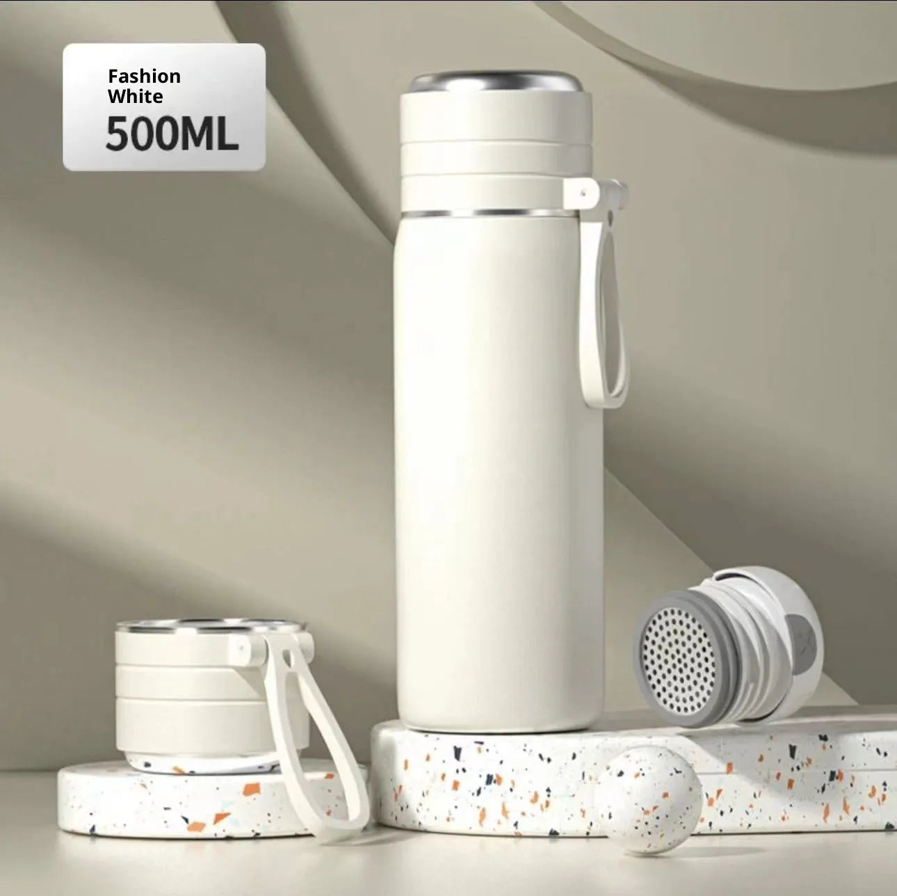 316 stainless steel insulated thermos cup with tea and water separation, in army green, 500ml capacity, on a white background
