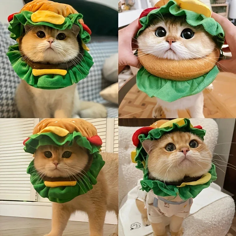 A soft burger bun headdress with a felt cheese slice for cats, shown with an adjustable neck strap.