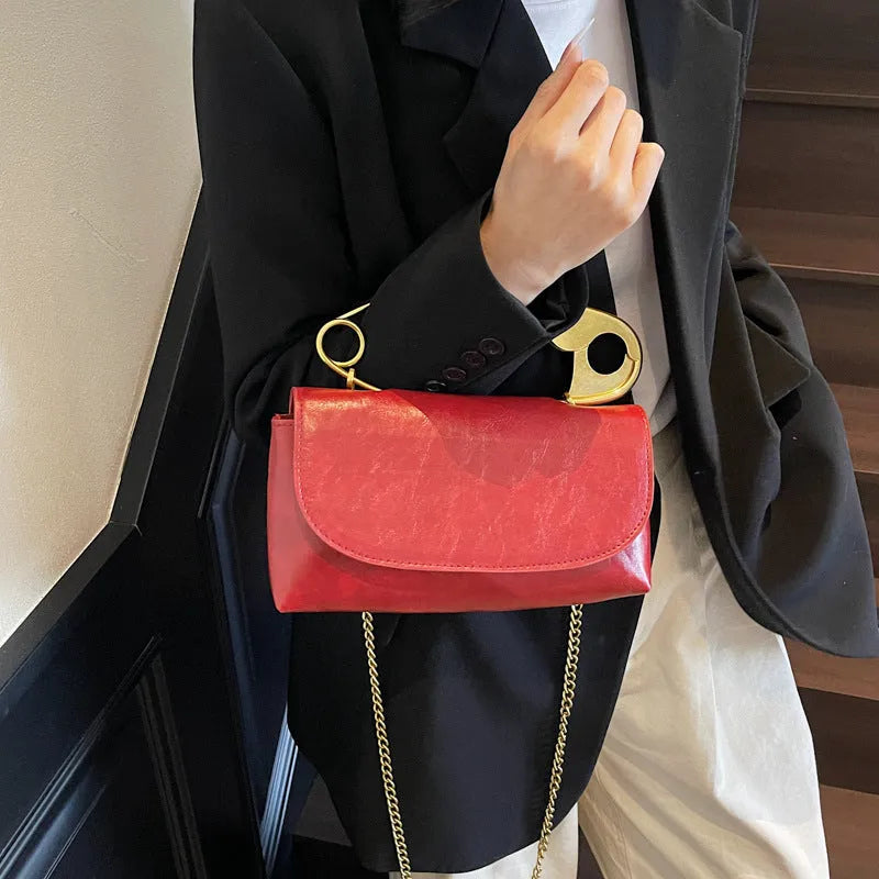 Horizontal square PU leather shoulder handbag with sandwich pocket and street trend sewing thread detailing