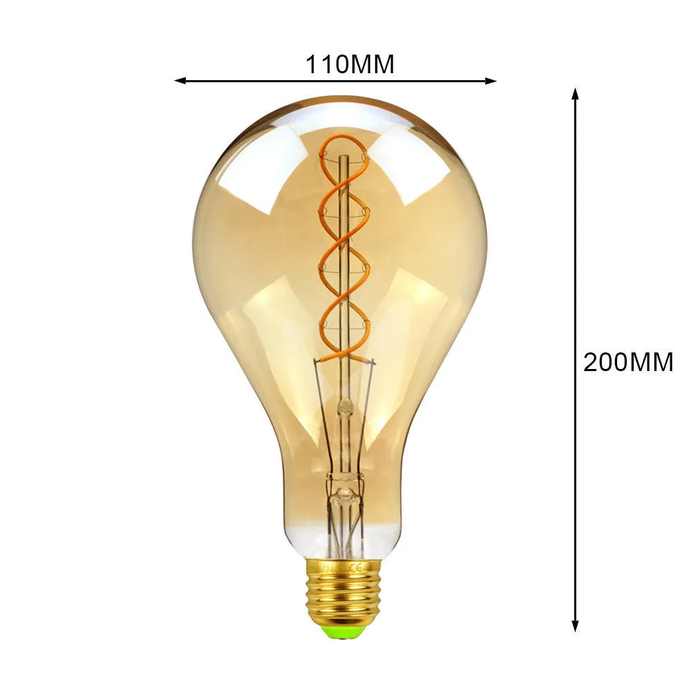 Close-up of a double helix LED filament light strip with golden spiral, showing 110mm by 200mm rectangular shape.