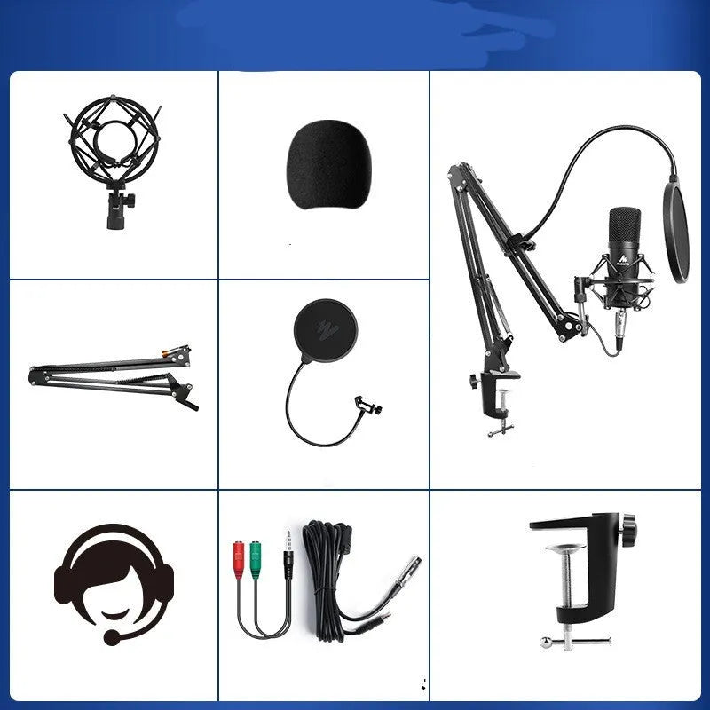 Black wired capacitor microphone on cantilever frame with shockproof support and sponge head for computer recording
