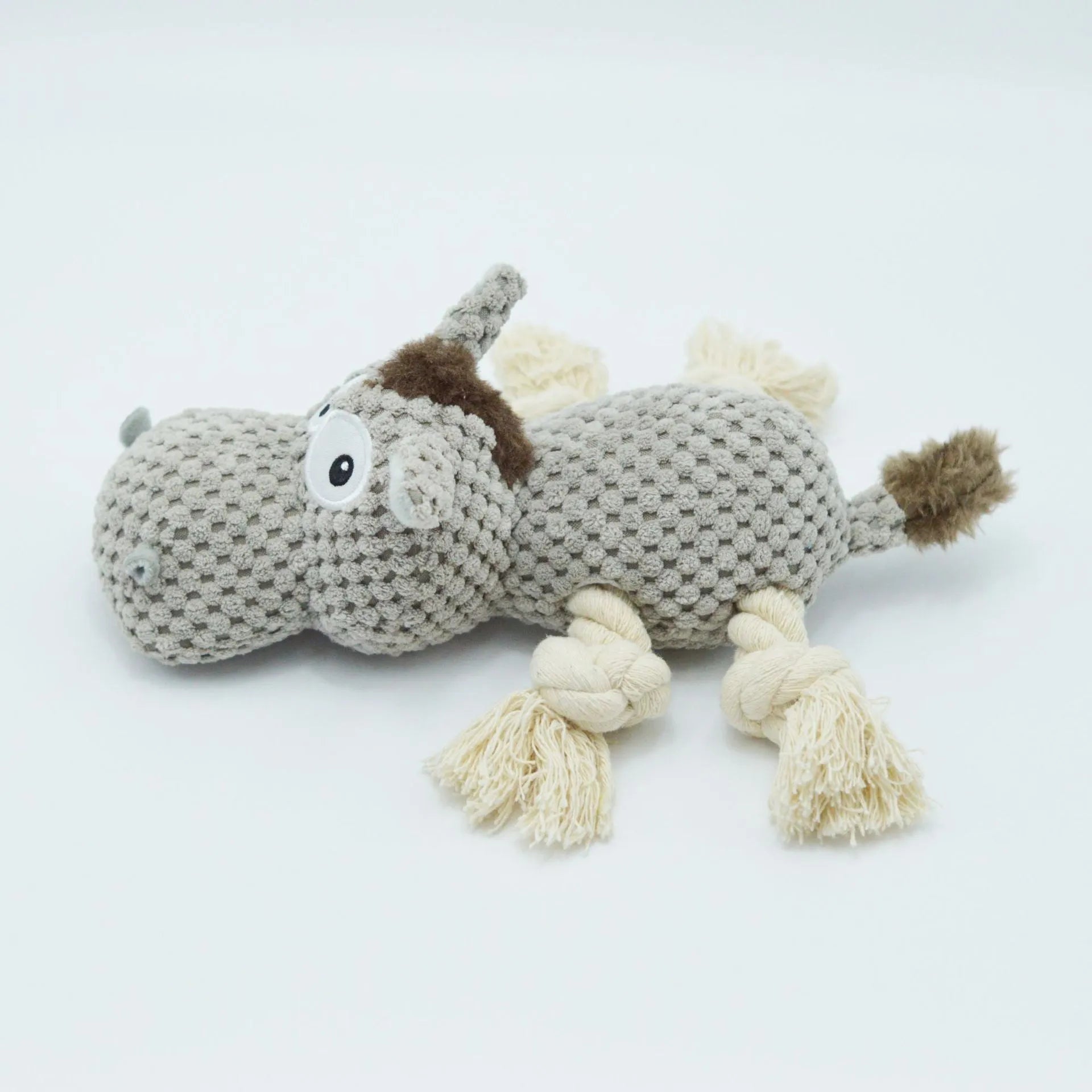 Grey donkey plush dog toy with creak sound mechanism measuring 27 x 20 x 9.5 cm