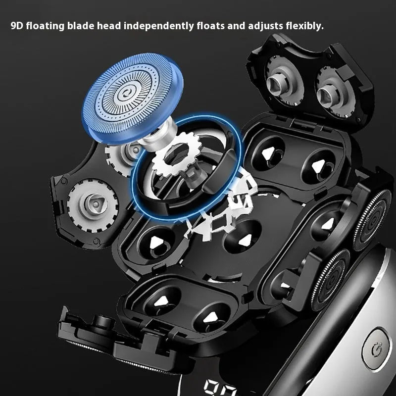 Black rechargeable hair clipper kit with multiple attachments including trimmer, combs, and cleaning brush.