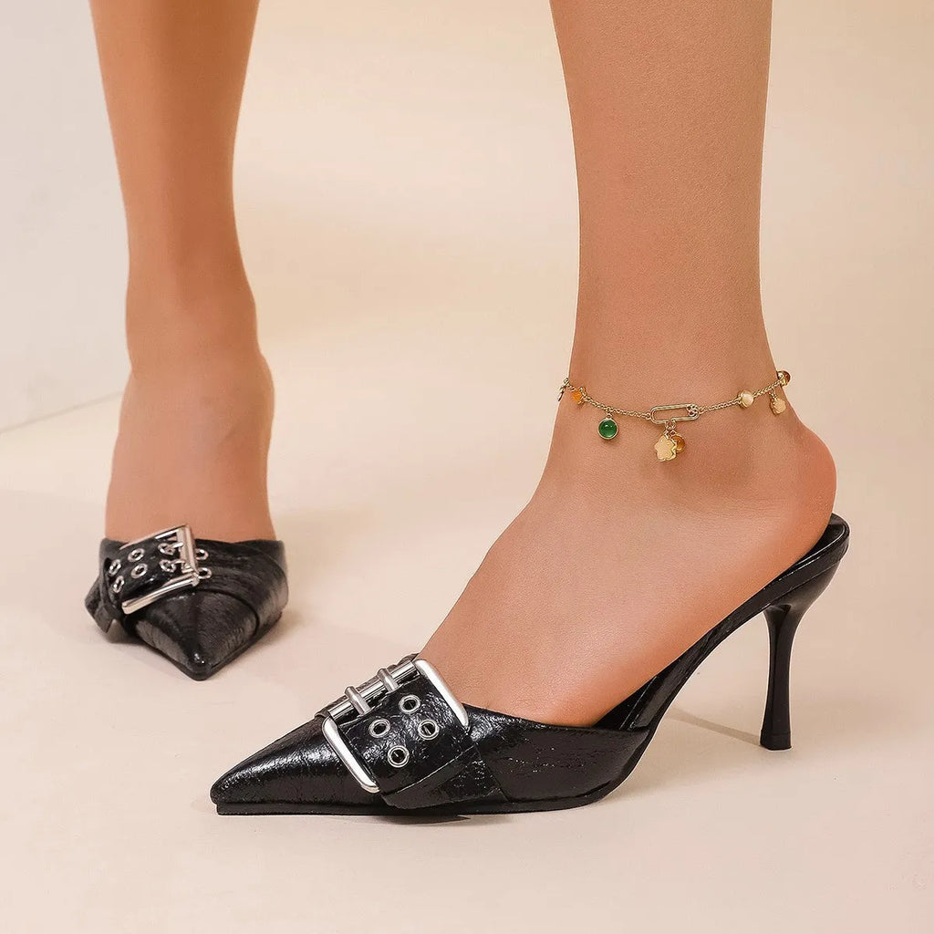 Black women's pointed strap high heels with buckle decoration on upper