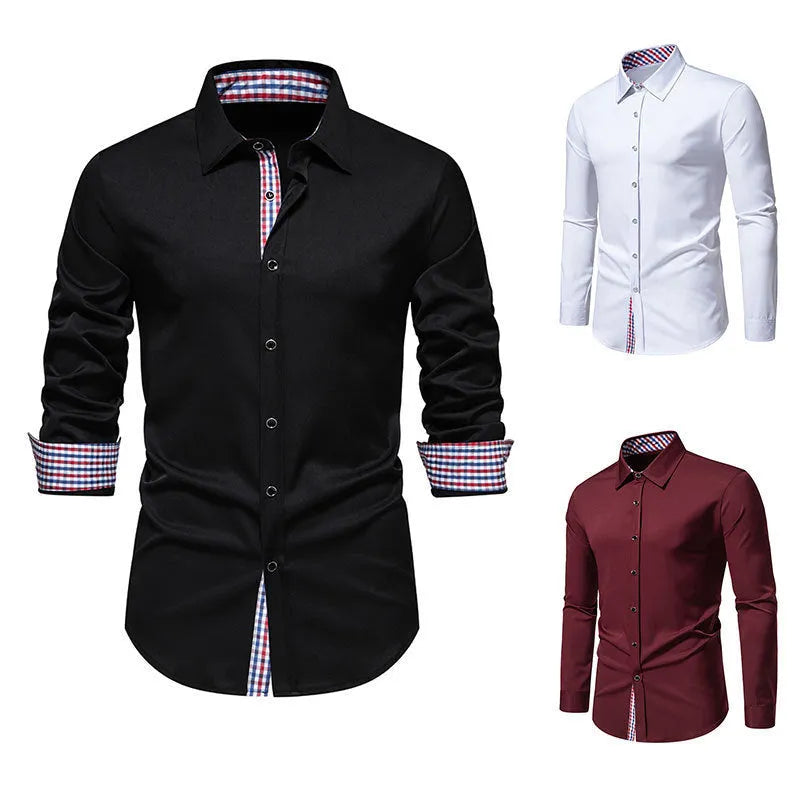 Men's loose fit plaid long-sleeved casual shirt in polyester blend fabric