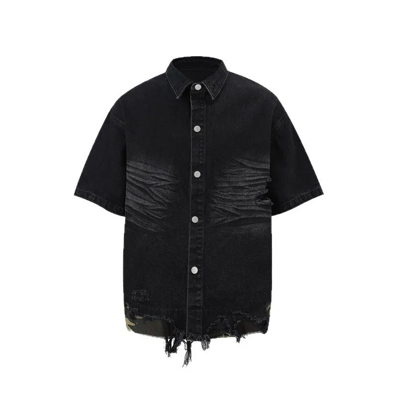 Leopard print denim short sleeve jacket and matching shorts set with raw cut edge stitching.