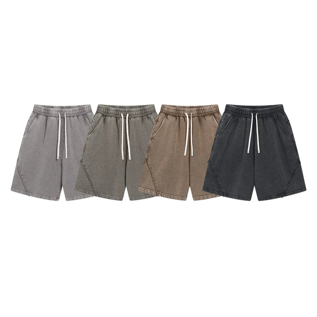Men's batik washed patch craft retro shorts in pure cotton terry fabric with loose street fashion fit