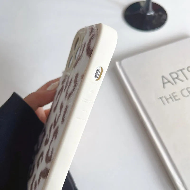 Leopard printed plush silicone iPhone case with chain and bracelet in brown, black or beige