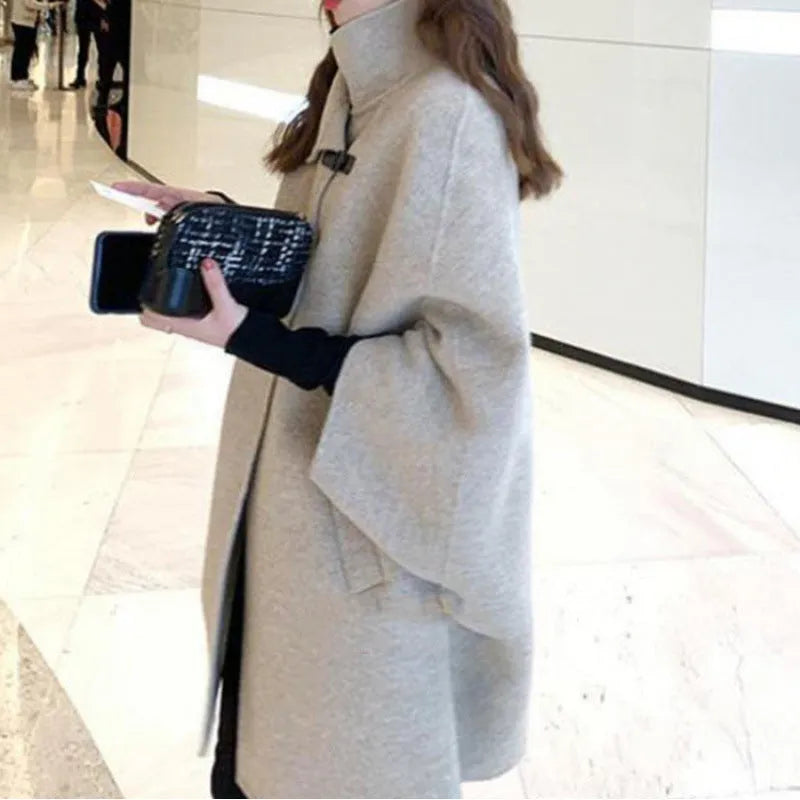 Women's Korean style oatmeal colour coat with 100cm length and half flight sleeves for autumn winter wear