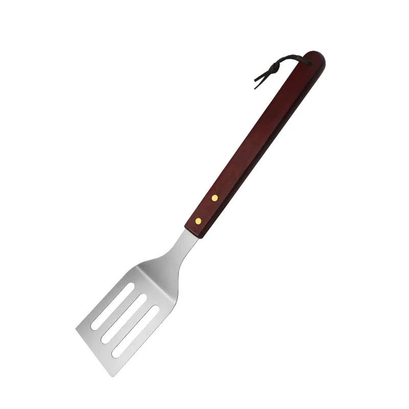 BBQ tool set with stainless steel shovel, fork and tongs with wooden handles