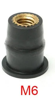 Ten black rubber brass well nut fasteners for motorcycle wind deflector and panel mounting.