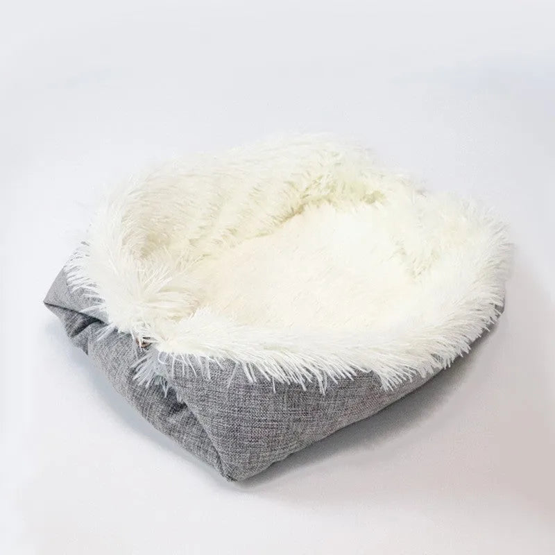 Grey pet blanket nest with long fluffy plush and black non-slip bottom for cats and dogs