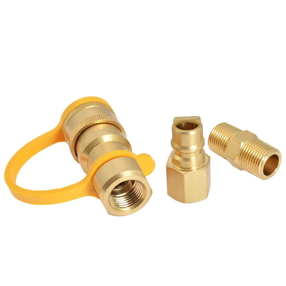 Gold-coloured brass 3/8 inch gas propane charging connector with American standard threads