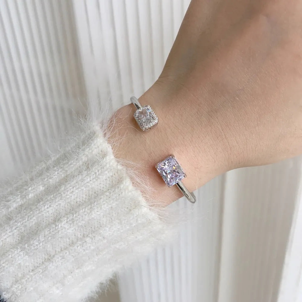 925 sterling silver opening bracelet with quadrilateral element, Korean style, 16cm size
