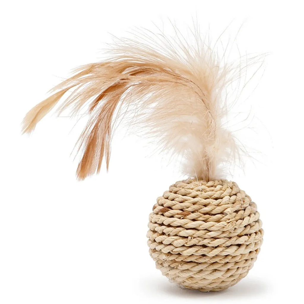 Two cat toys: rattan ball with bell and colourful faux feather ball for interactive play